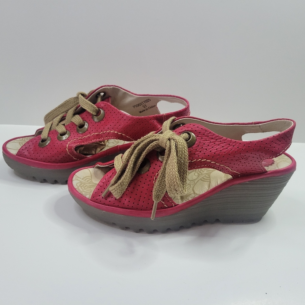 Fly London Size 37 (US 6-6.5) Red Lace Up Wedge Shoes